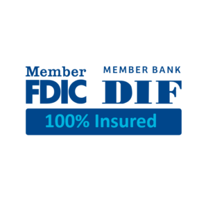 Member FDIC and Member DIF logos in a heart with the words "100% Insured" under the logos