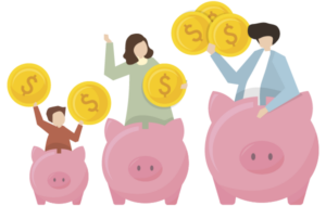 Photo of three family members standing behind their piggy banks