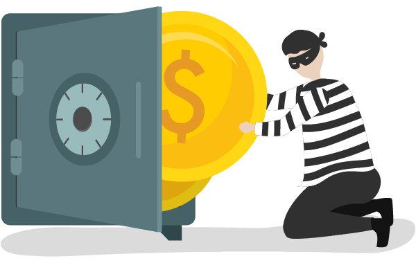 Illustration of a masked robber taking a large coin with a dollar sign on it out of a vault. The coin is as large as the vault