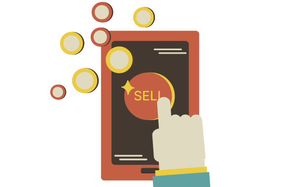 Illustration of a finger pushing a button that says SELL