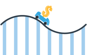 Illustration of a rollercoaster track with a car with a dollar sign in it