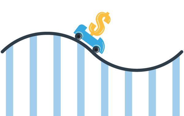Illustration of a rollercoaster track with a car with a dollar sign in it