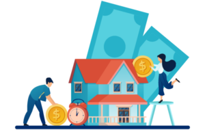 Illustration of a home with dollar bills behind it