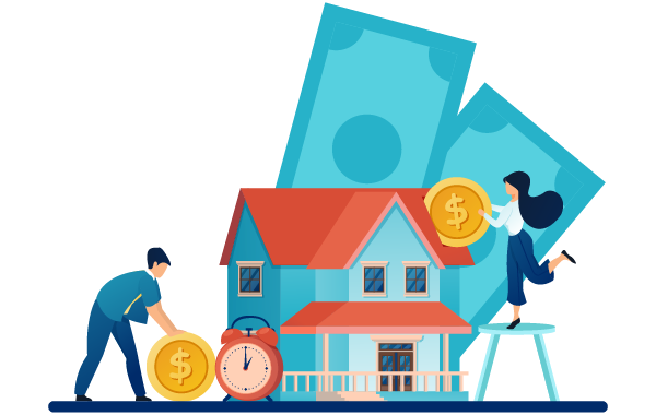 Illustration of a home with dollar bills behind it