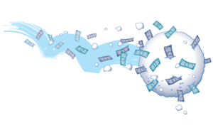 Illustration of a snowball with dollar bills stuck to it