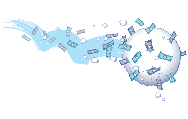 Illustration of a snowball with dollar bills stuck to it