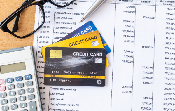 Photo of a calculator and three credit cards laying on top of a print out of a bank statement