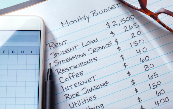 A handwritten budget is pictured along with a pen and a pair of glasses