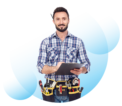 A man is wearing a flannel shirt, jeans, and a tool belt is holding a tablet.